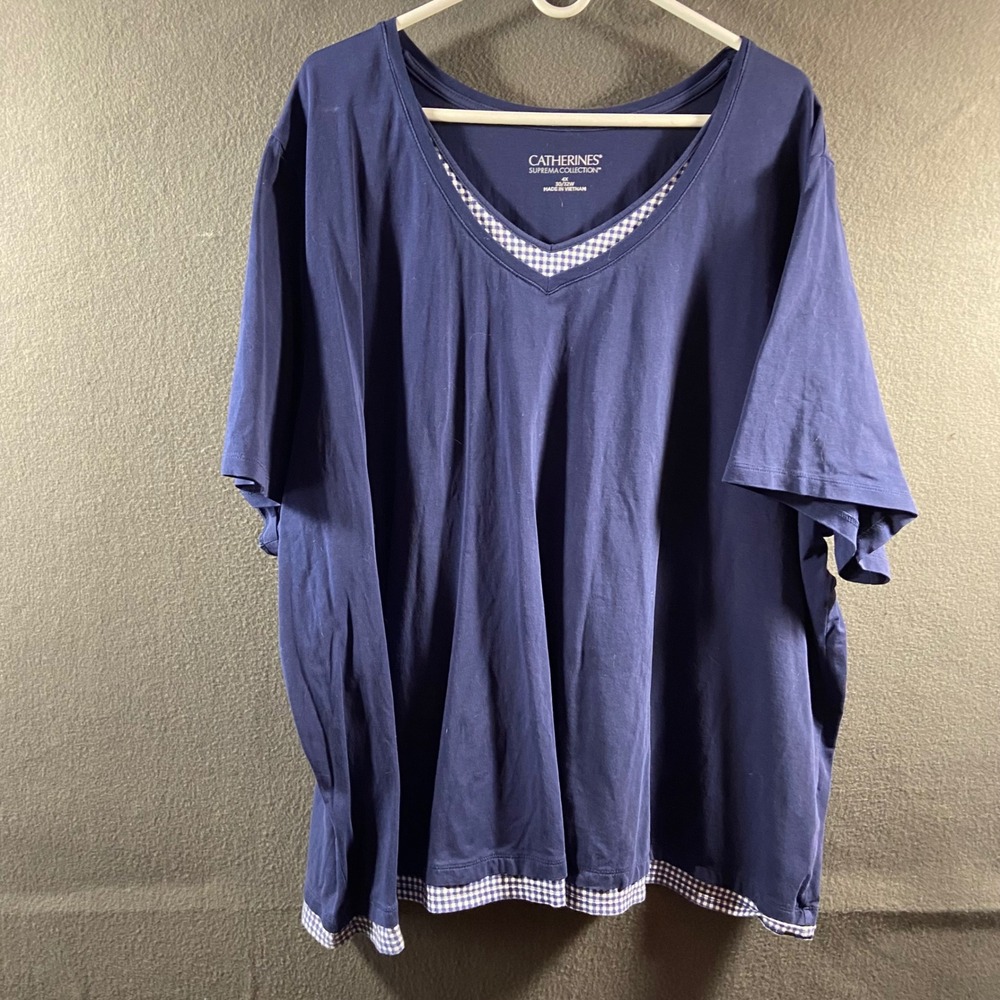 Catherines top 4x Suprema Collection V-Neck T-Shirt Gingham Trim Navy 30/32W